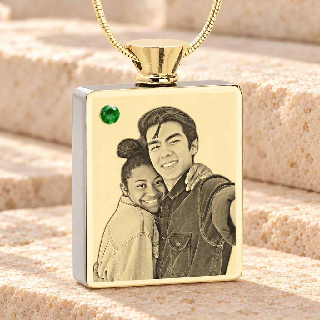 May Birthstone Rectangle Gold Plated Photo Engraved Ash Pendant — main product image