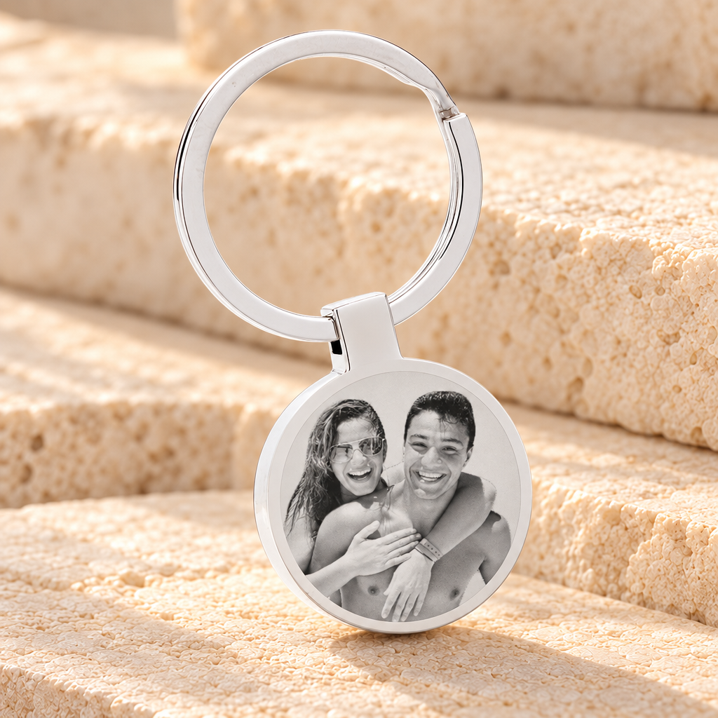 Cremation Round Photo Engraved Stainless Steel Keychain — main product image