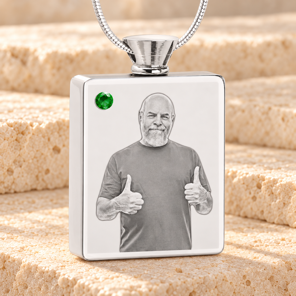 May Birthstone Rectangle Stainless Steel Photo Engraved Ash Pendant — main product image