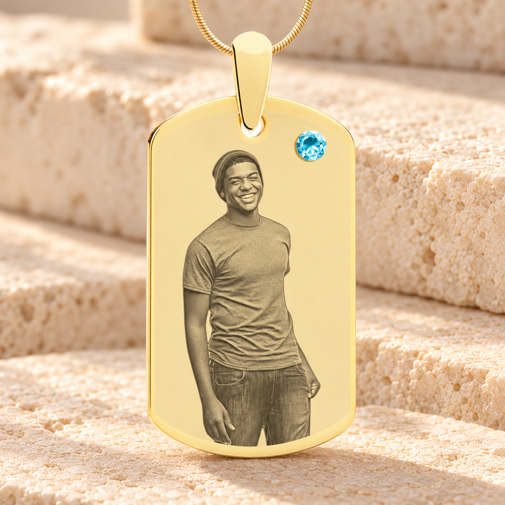 Birthstone Large Dog Tag March Photo Engraved Gold Plated over Stainless Keepsake — main product image