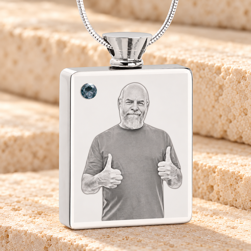 December Birthstone Rectangle Stainless Steel Photo Engraved Ash Pendant — main product image