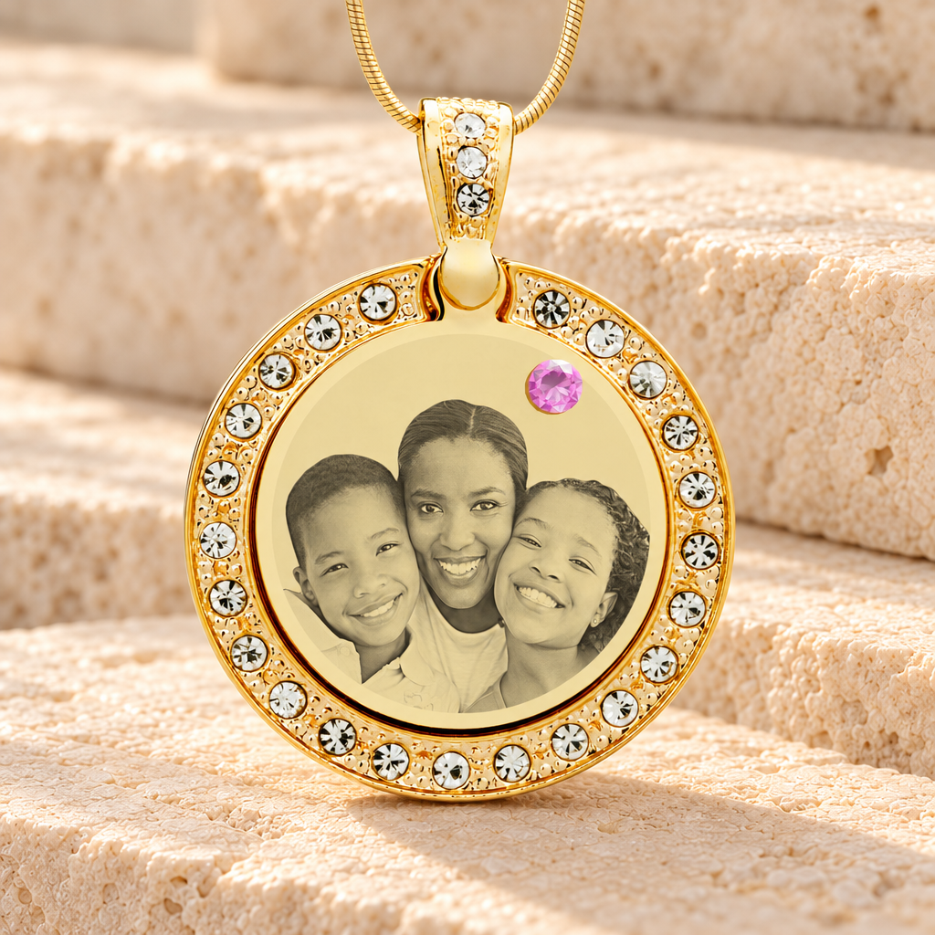 Birthstone Gem Circle June Photo Engraved Gold Plated over Stainless Keepsake — main product image