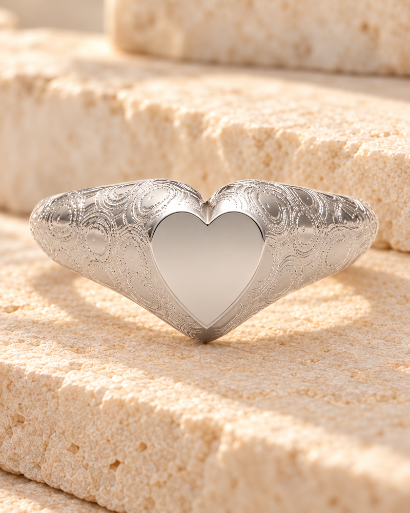 Solid 14K White Gold Signet with Pattern Forever Sealed Memorial Ring