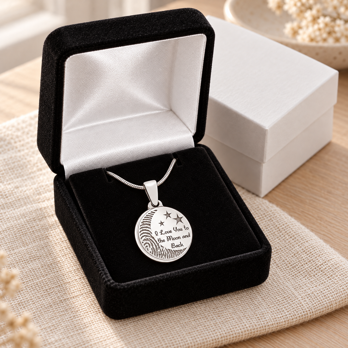 Solid 14k White Gold Love You To The Moon Fingerprint Necklace — gift box — evr4716wg