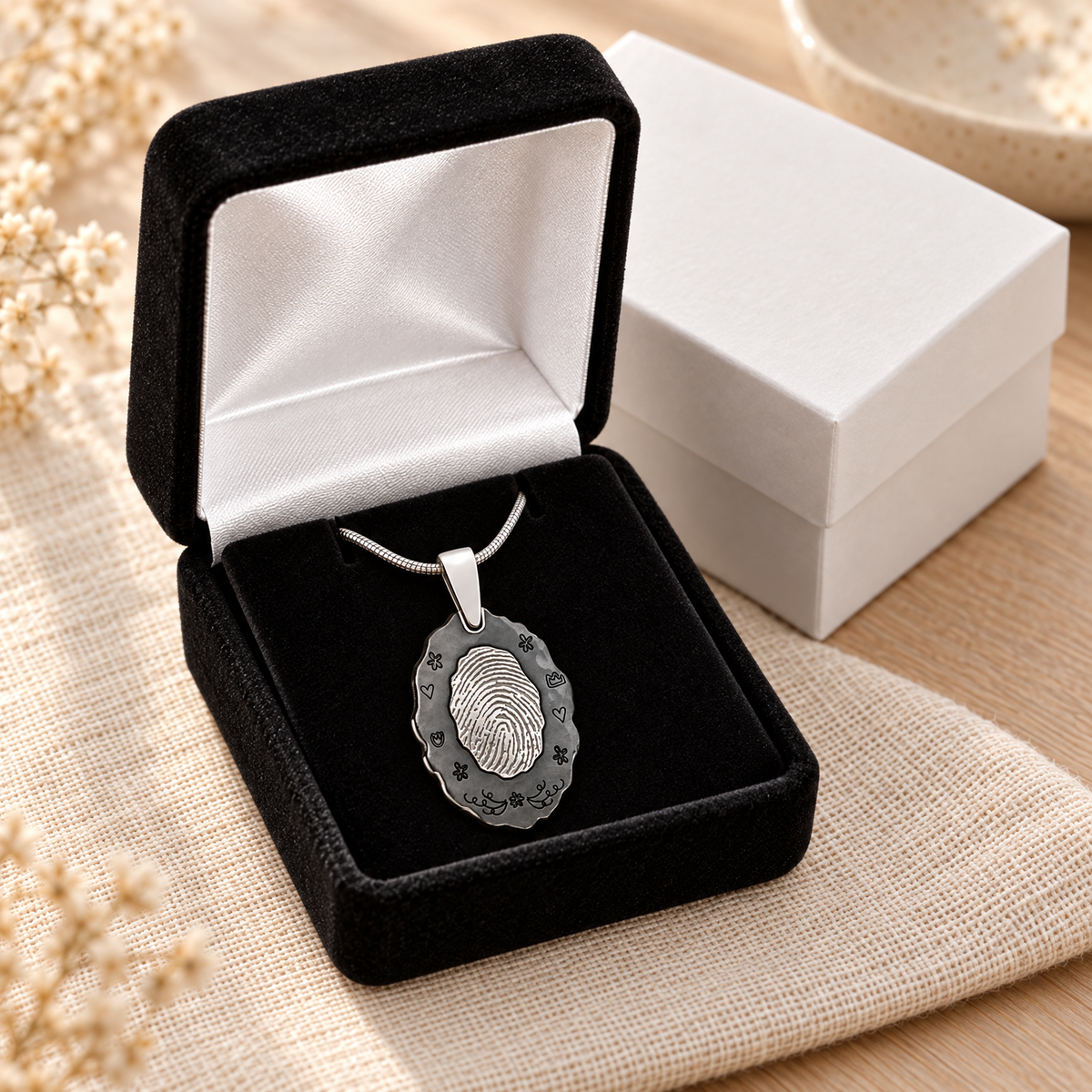 Black Framed Oval Fingerprint Necklace — gift box — evr4801bl