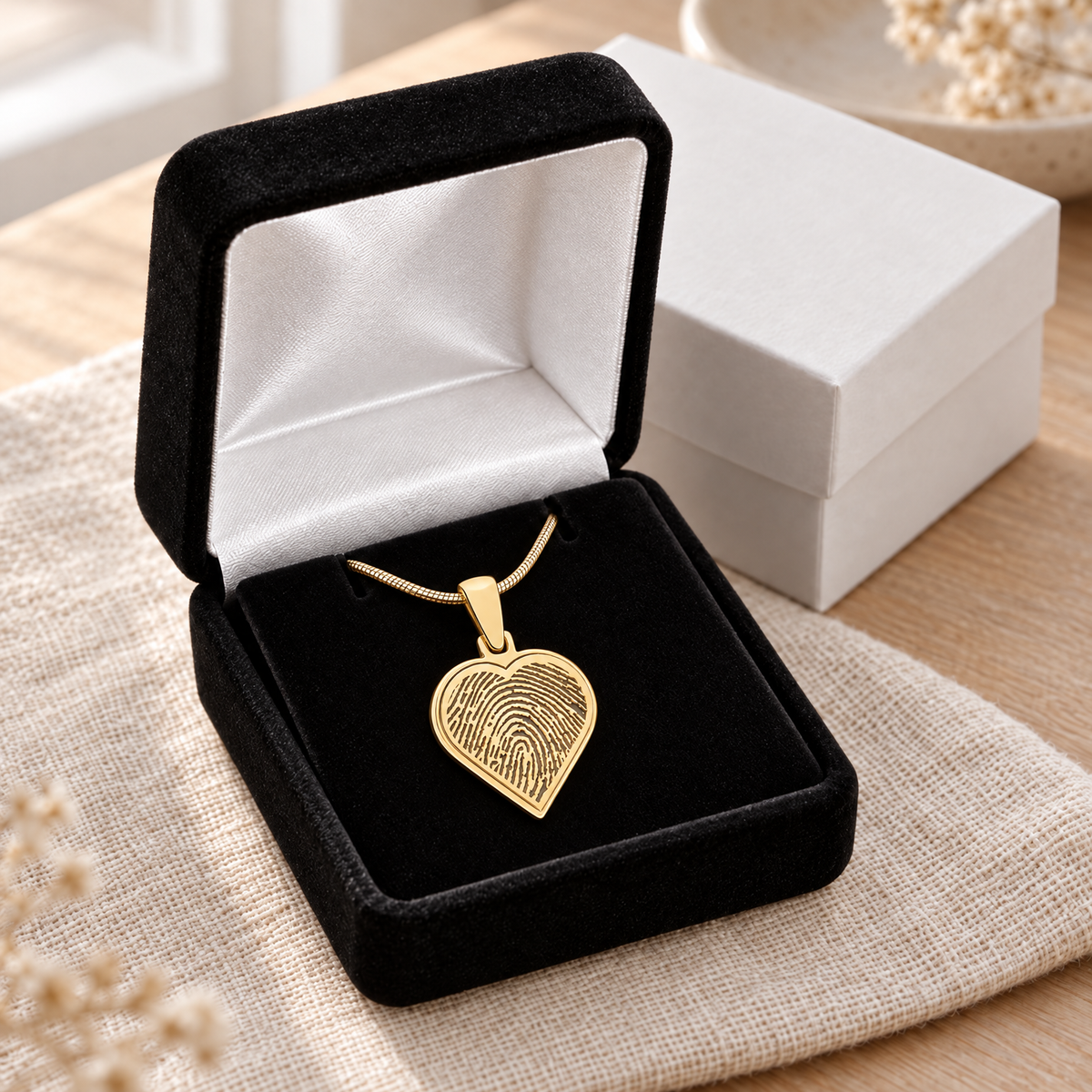 Solid 14k Gold Heart Fingerprint Necklace — gift box — evr4728kg