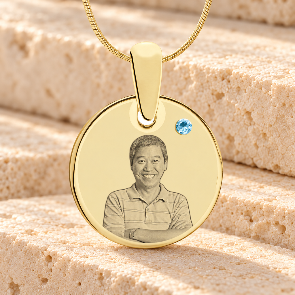 Birthstone Round March Photo Engraved Gold Plated over Stainless Keepsake — main product image