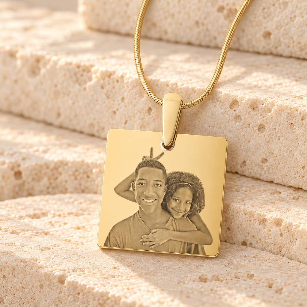 Gold Plated over Stainless Steel Squared Photo Engraved Pendant — main — evr6587g