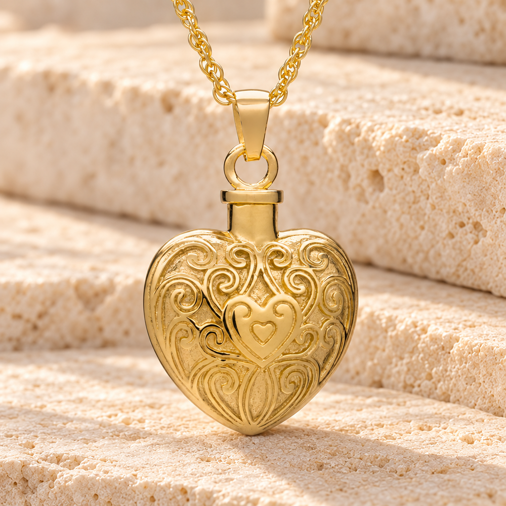 14K Gold Filigree Love Heart Urn Necklace — main — evr196kg