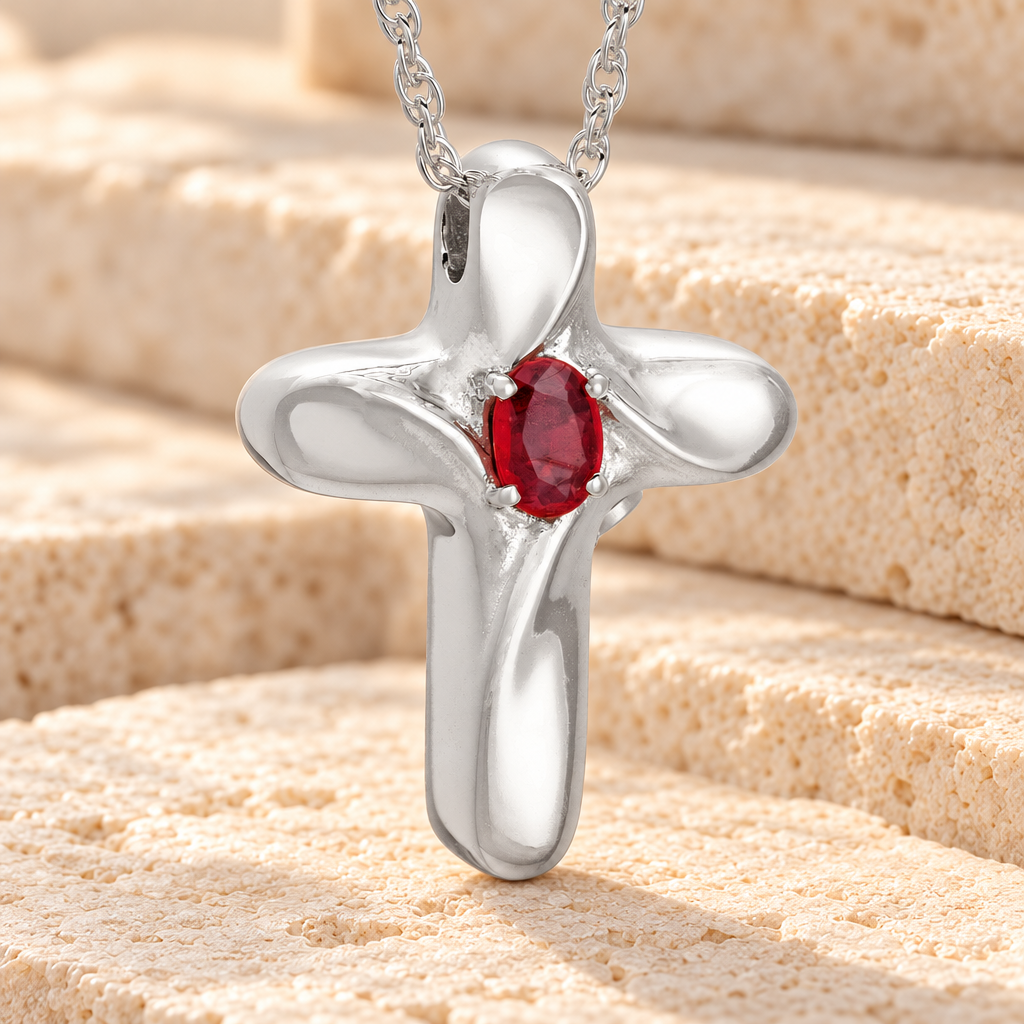 Sterling Silver Eternal Love Cross with Red Stone Keepsake — main — evr6362s