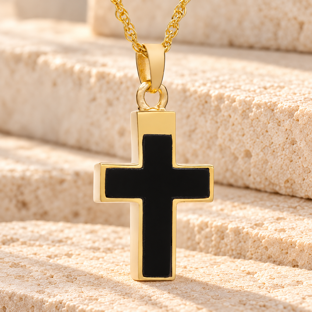 14K Gold Cross with Onyx Stone Urn Necklace — main — evr174kg