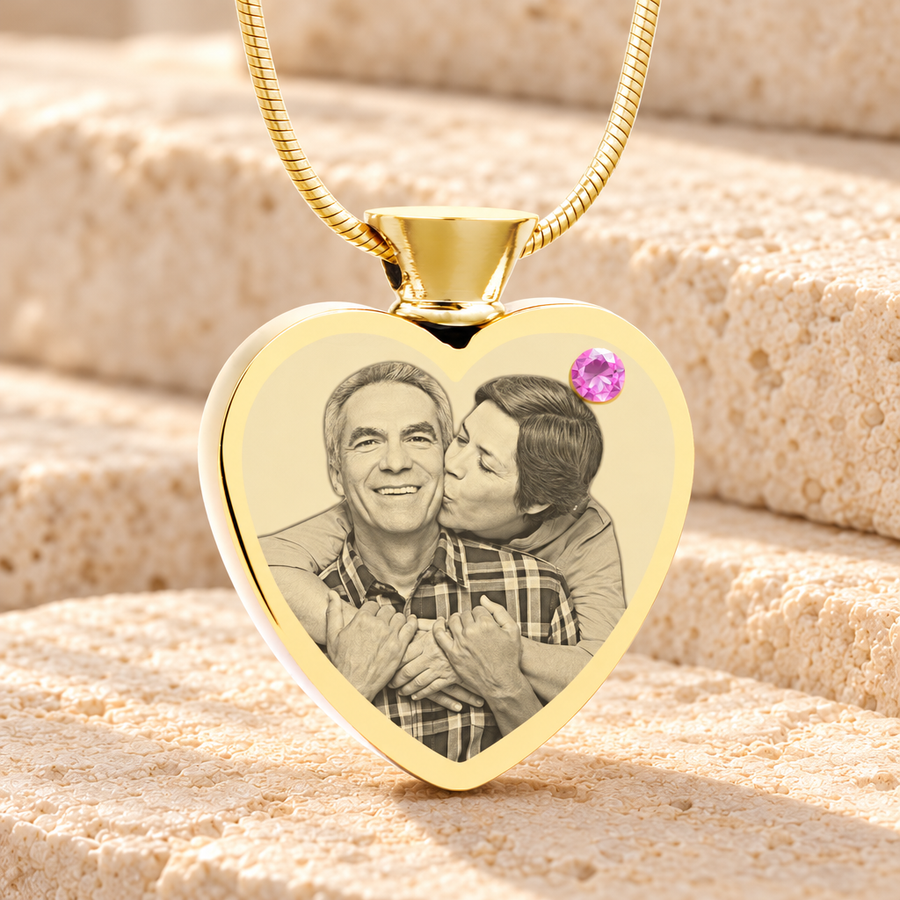 June Birthstone Heart Gold Plated Photo Engraved Ash Pendant
