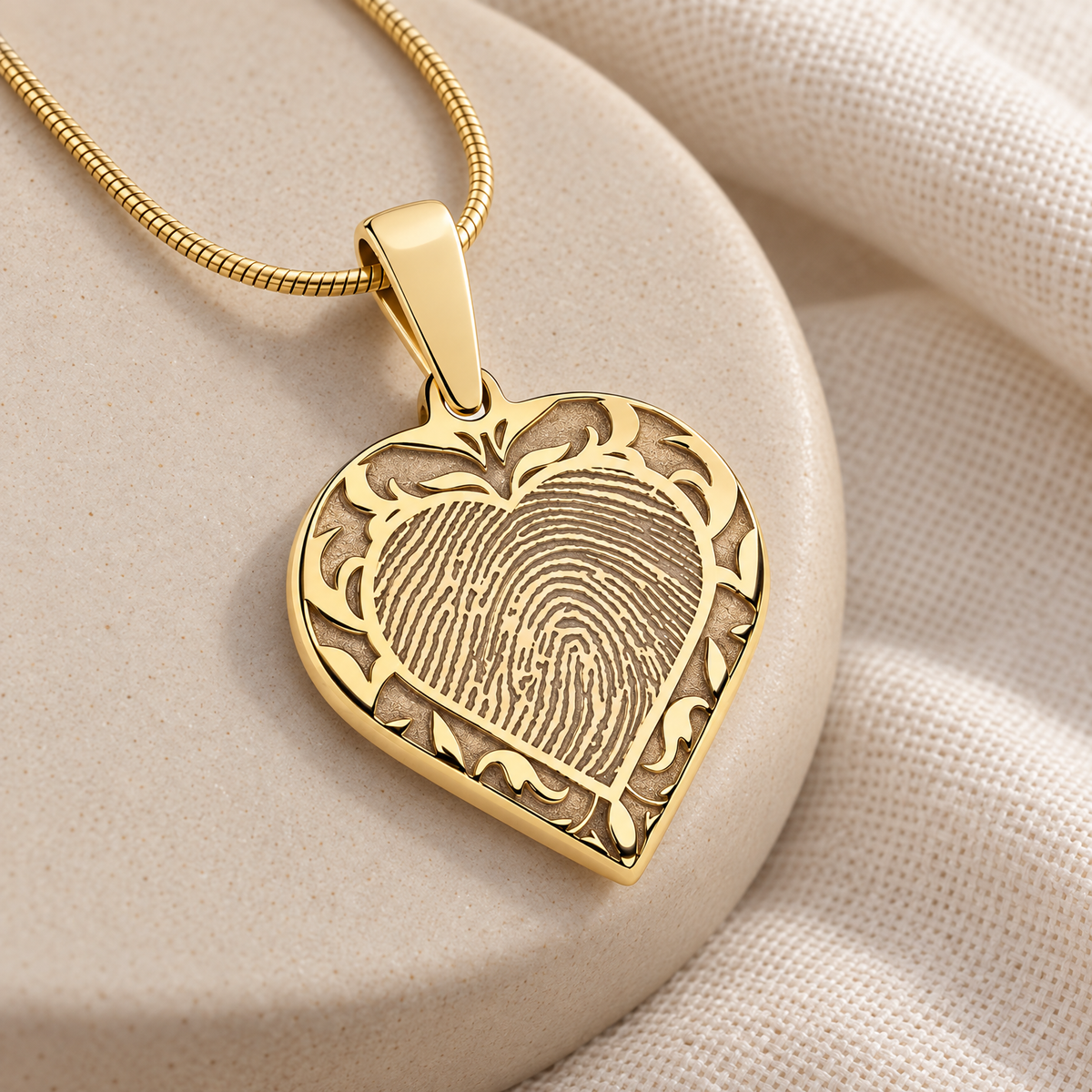 Solid 14k Gold Carved Heart Fingerprint Necklace — alternate view — evr4832kg