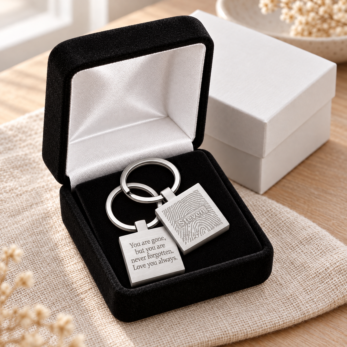 Steel Squared Fingerprint Keychain — gift box — evr4797ss