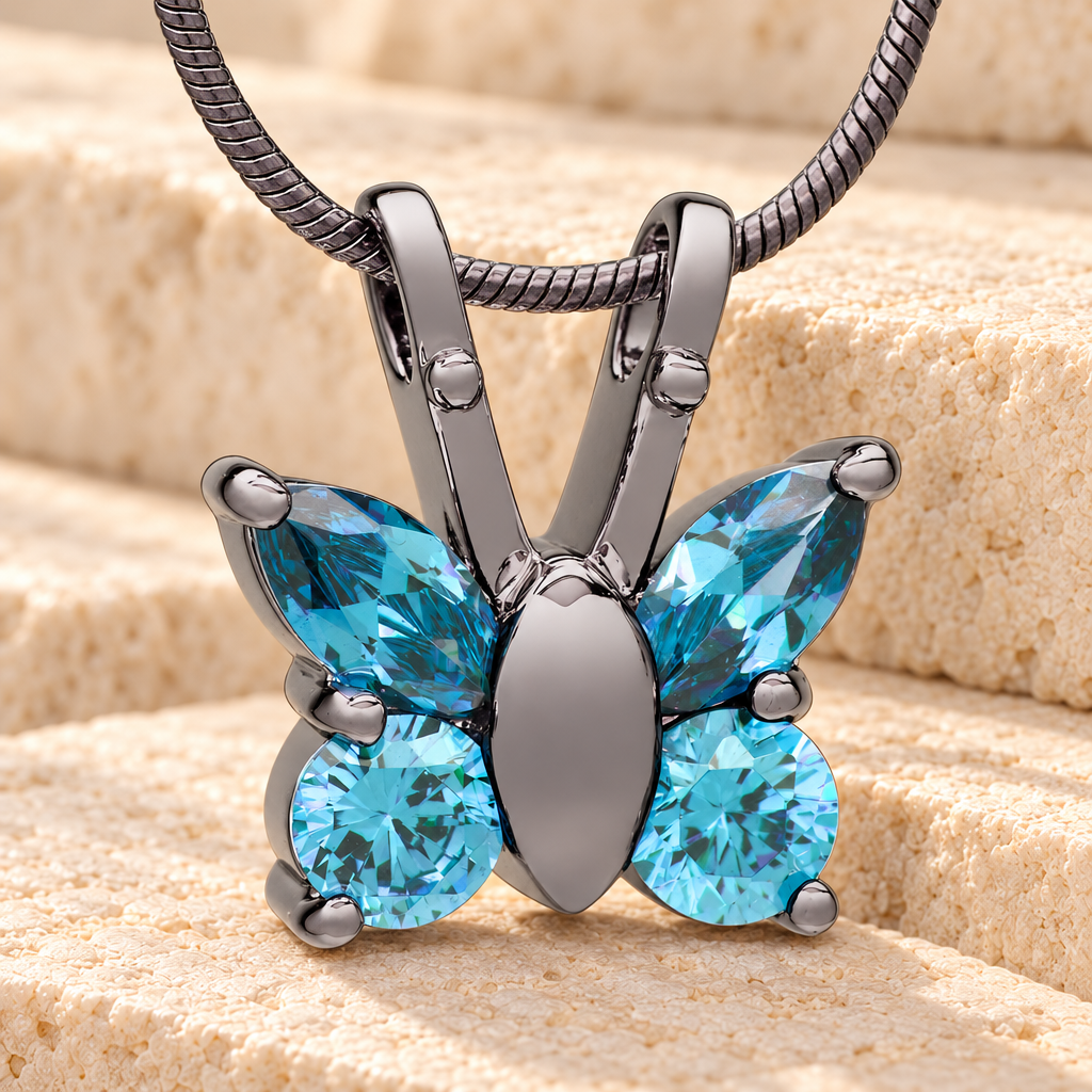 Black and Blue Jeweled Butterfly Memorial Jewelry — main product image
