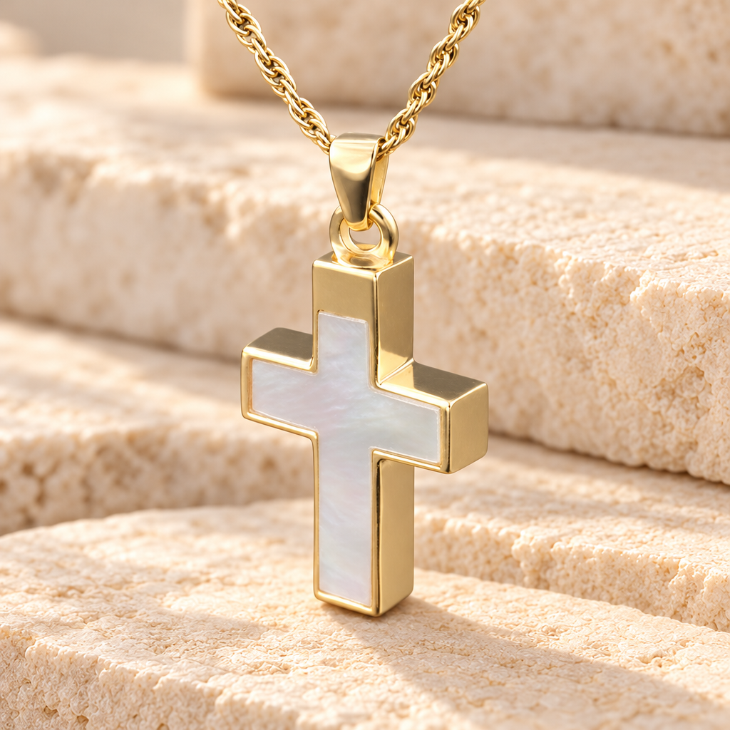 14K Gold Pearly Cross Funeral Jewelry — main — evr808kg