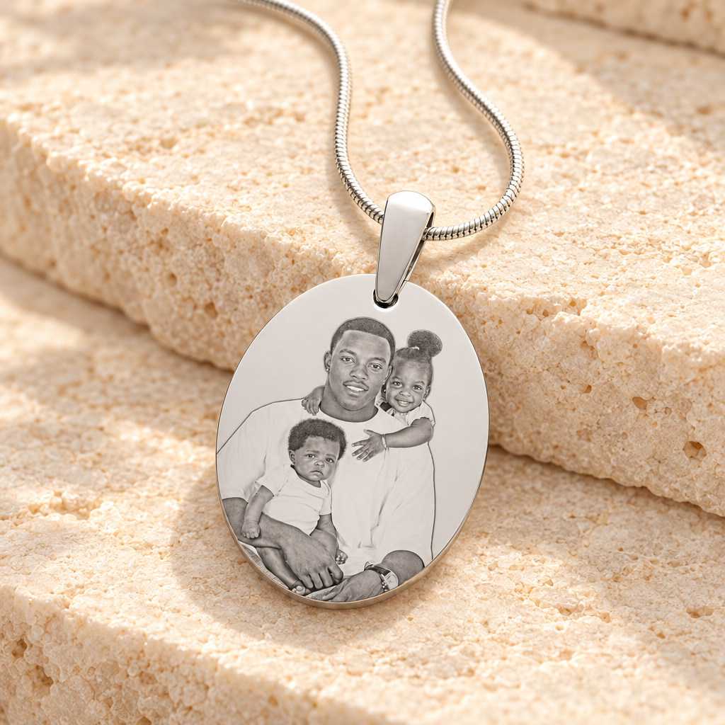 Stainless Steel Circular Portrait Photo Pendant — main — evr6588s