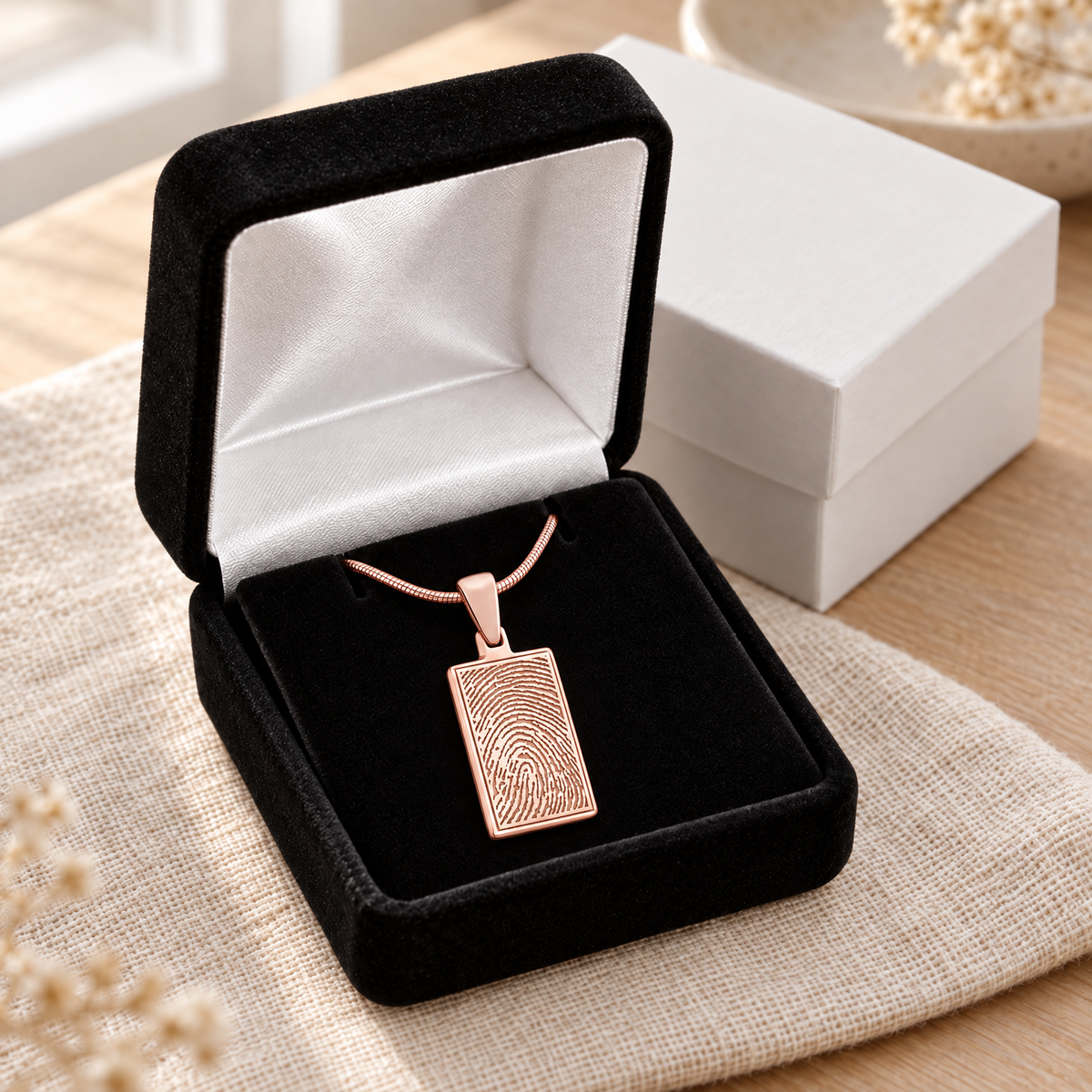 Rose Gold Rectangle Fingerprint Necklace — gift box — evr4702rg