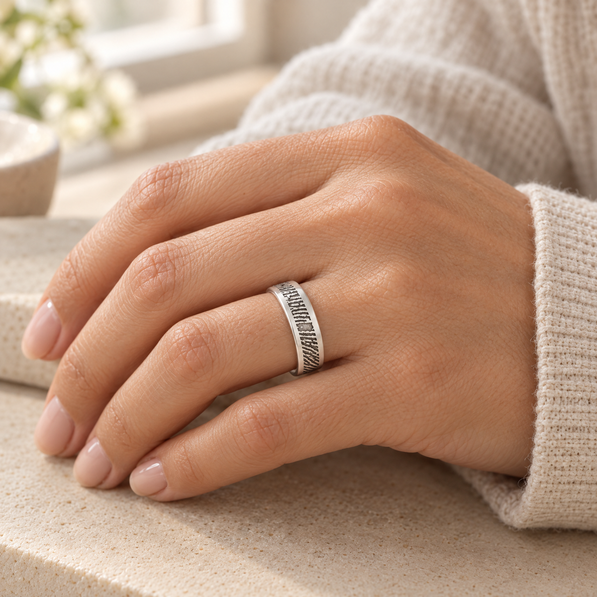 Women's Slender Line Sterling Silver Fingerprint Ring — lifestyle — evr30002s