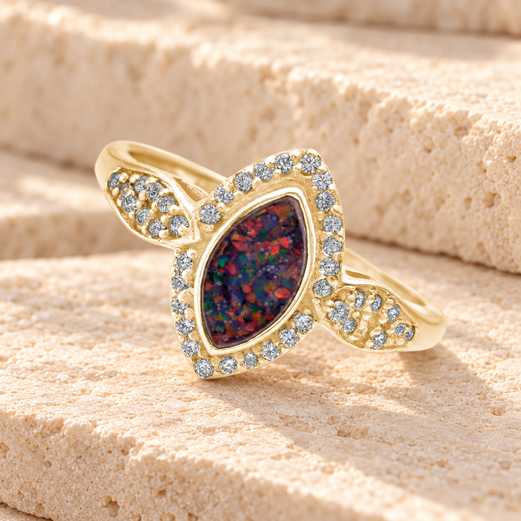 Solid 14K Gold Women's Sanctuary Ash Ring with Black Flame Opal — main product image