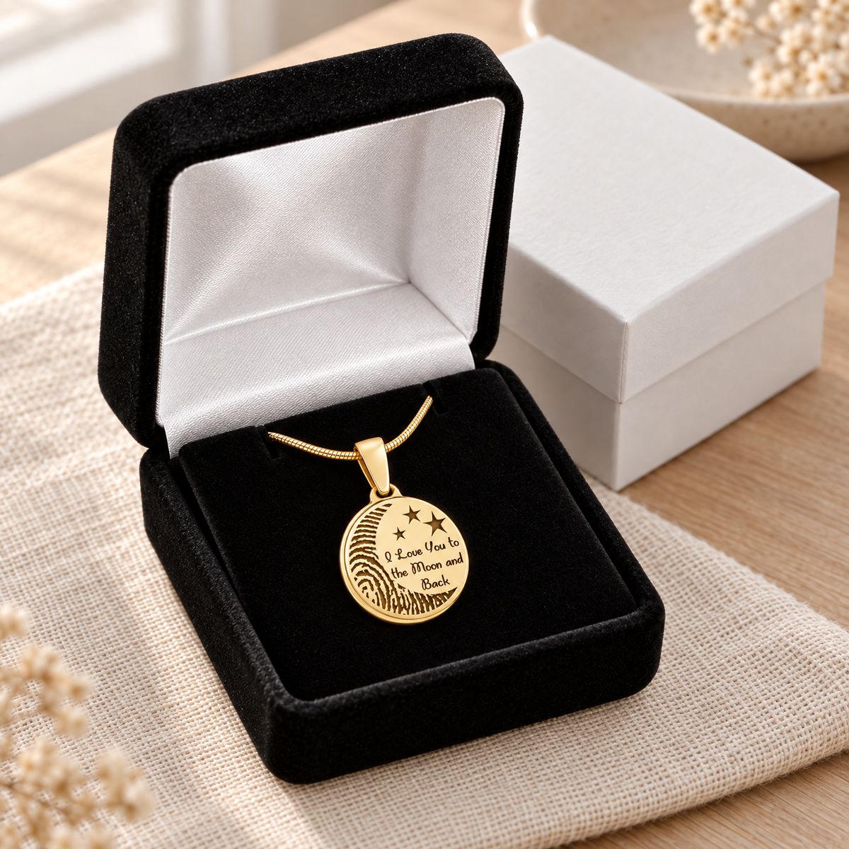 Love You To The Moon Gold Plated Fingerprint Necklace — gift box — evr4716g