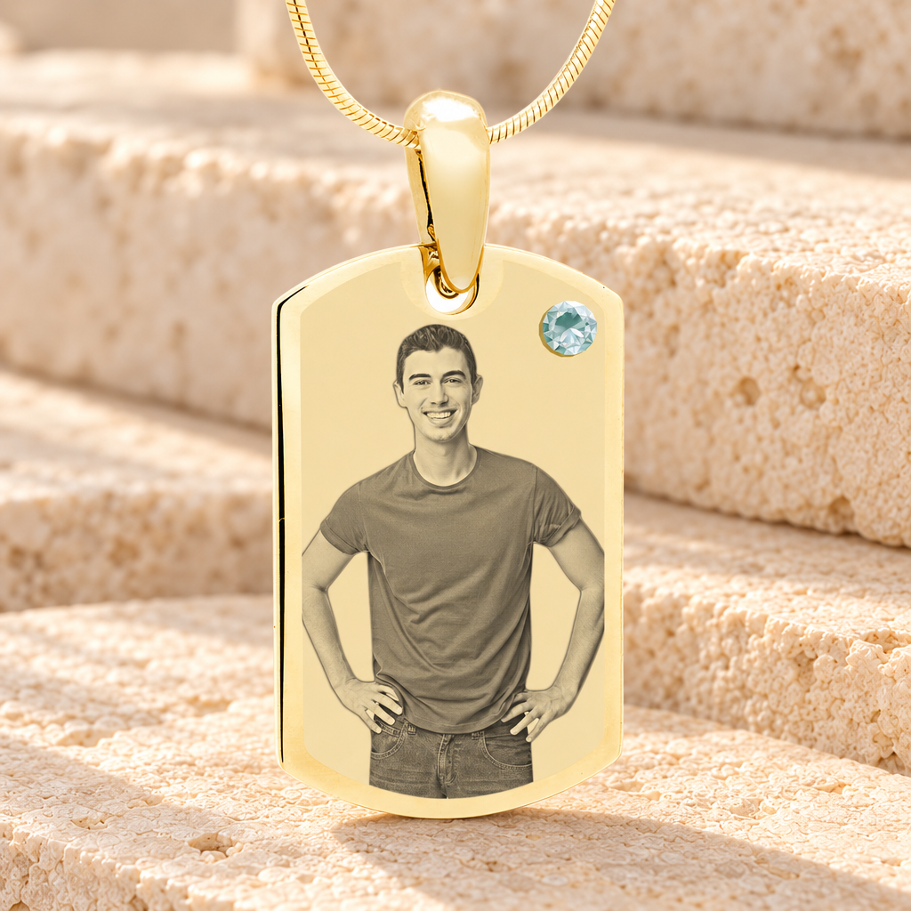 Birthstone Small Dog Tag April Gold Plated over Stainless Steel Photo Pendant — main product image