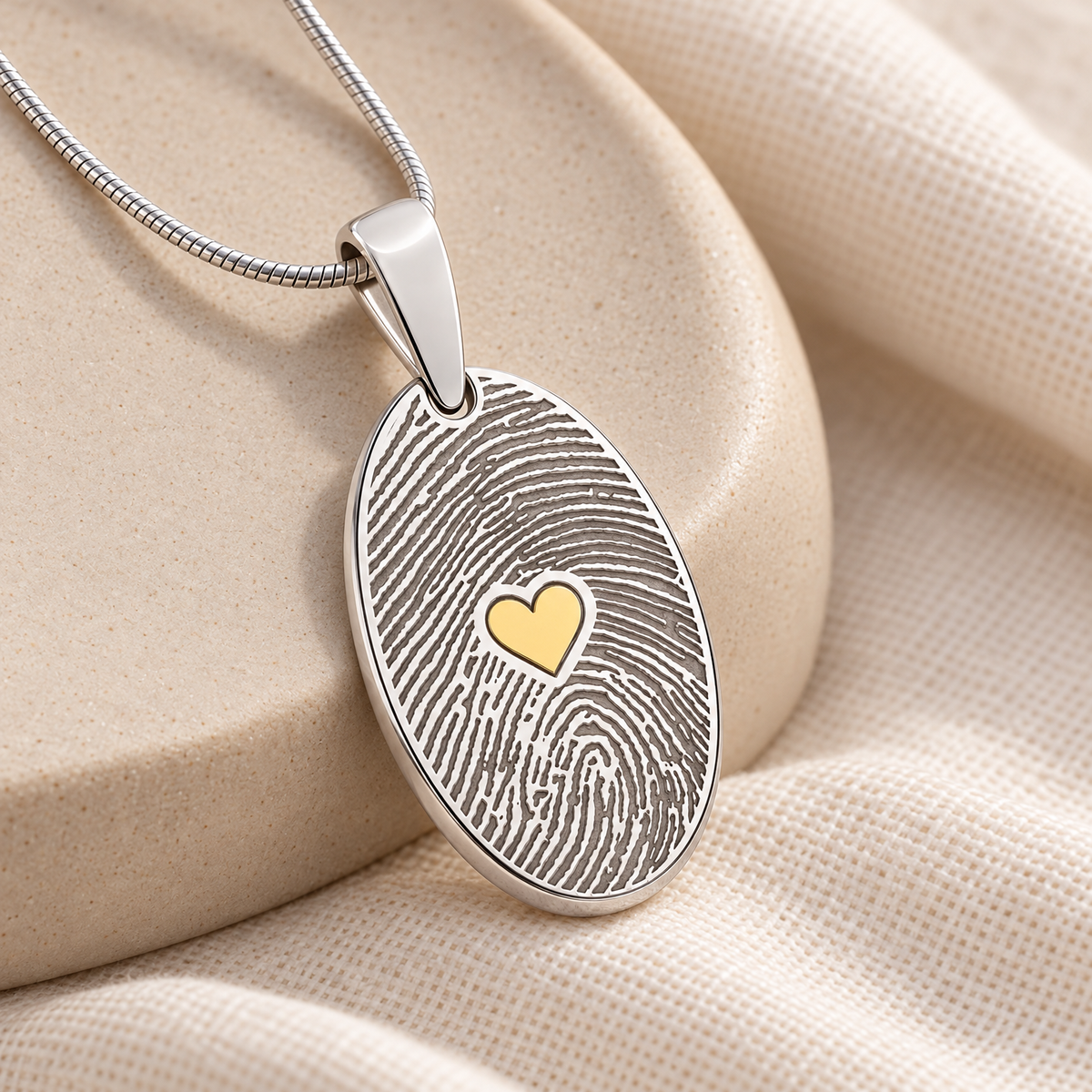 Solid 14k White Gold Loved Oval with Gold Plated Heart Fingerprint Necklace — alternate view — evr4824wg