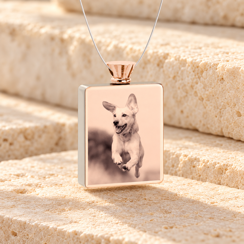 Rectangle Rose Gold Plated Photo Engraved Pet Ash Guardian — main — evr7414rg