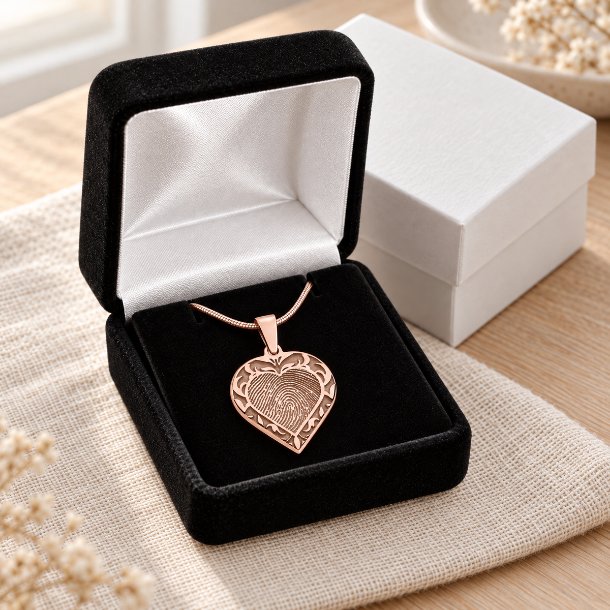 Rose Gold Plated Sterling Silver Carved Heart Fingerprint Necklace — gift box — evr4832rg