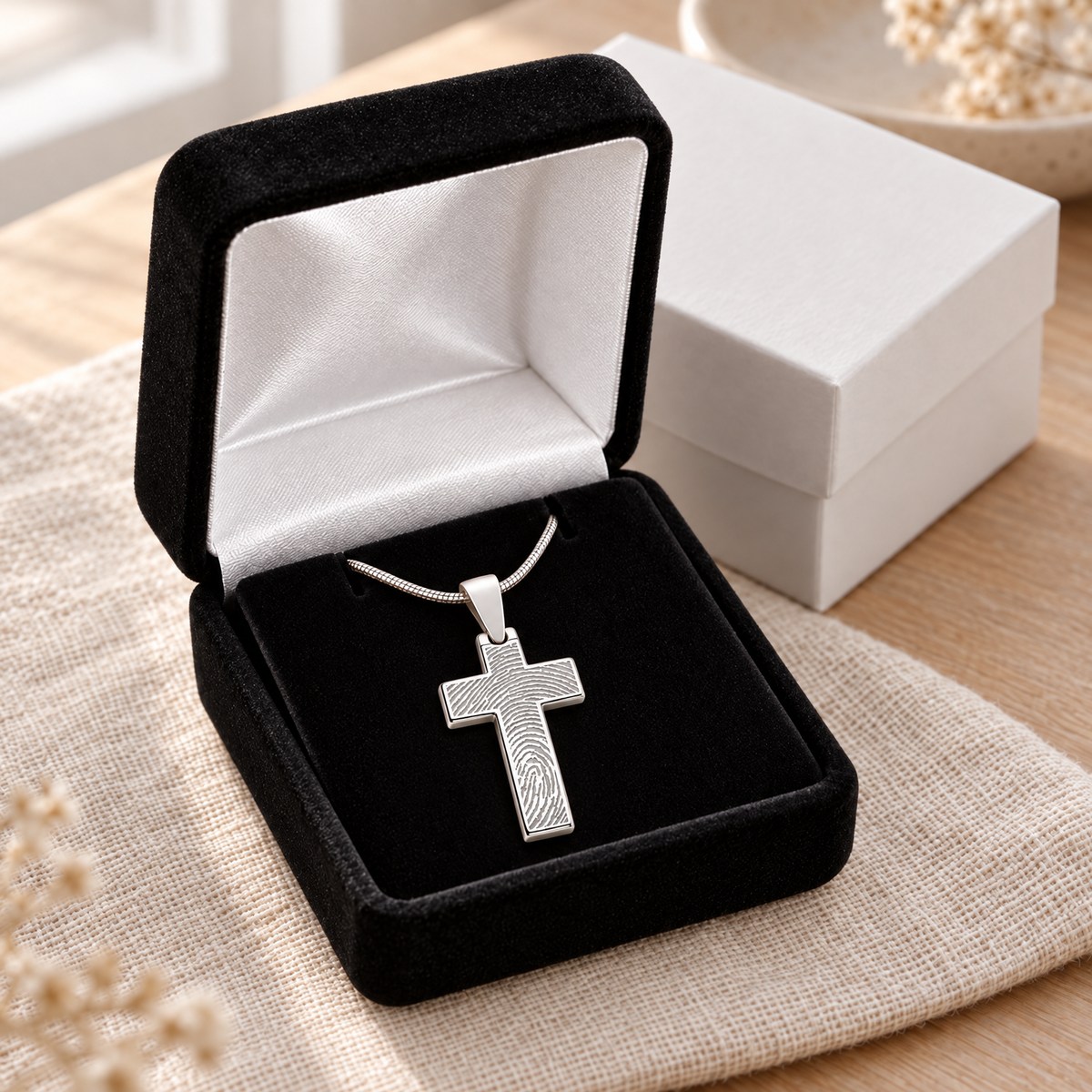 Sterling Silver Simply Cross Fingerprint Necklace — gift box — evr4822s