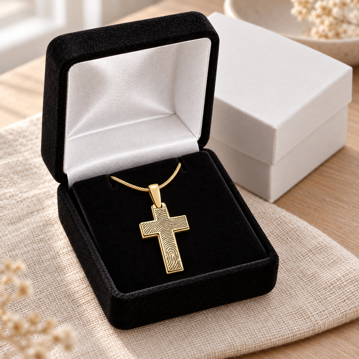 Solid 14k Gold Simply Cross Fingerprint Necklace — gift box — evr4822kg