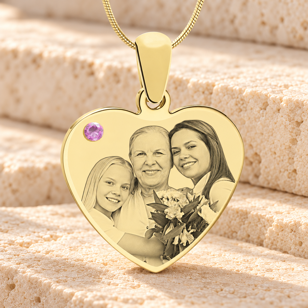 June Birthstone Heart Photo Engraved Gold Plated over Stainless Keepsake — main product image