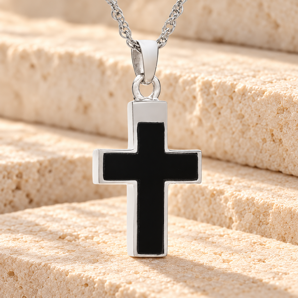 14K White Gold Cross with Onyx Stone Urn Keepsake — main — evr174wg