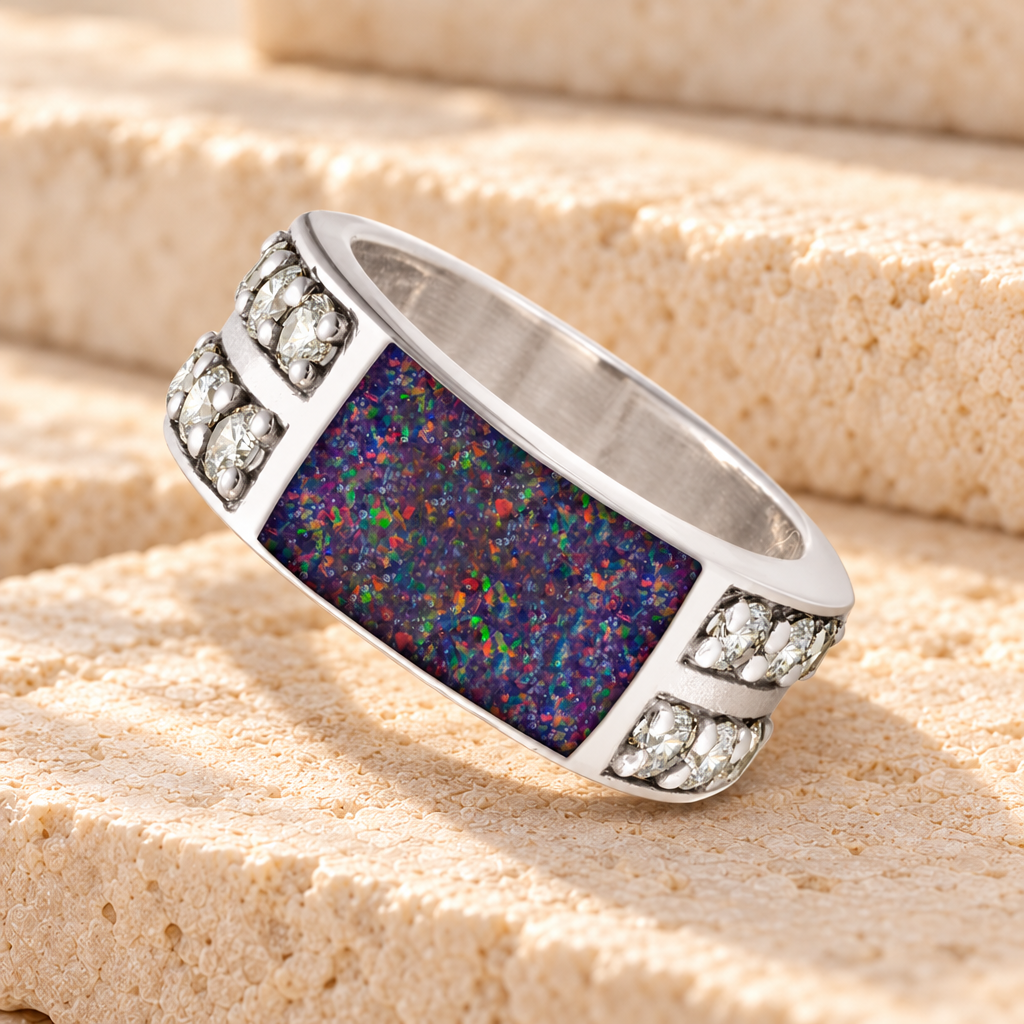 Men's Sterling Silver Yellowstone Ash Ring with Black Flame Opal — main product image