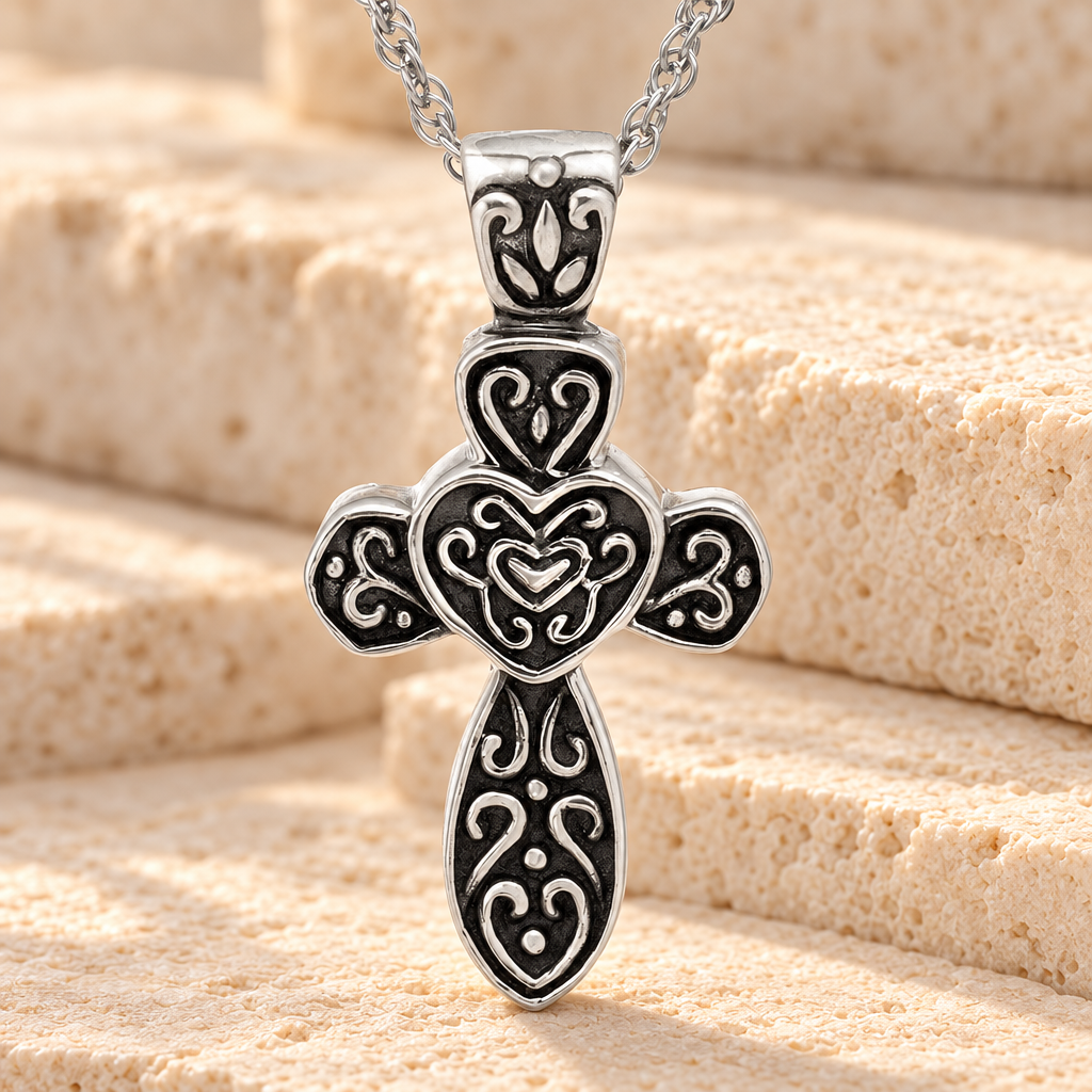 14K White Gold Cathedral Cross Urn Necklace — main — evr858wg