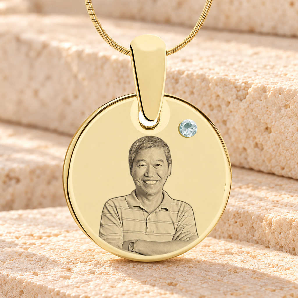 Birthstone Round April Photo Engraved Gold Plated over Stainless Keepsake — main product image