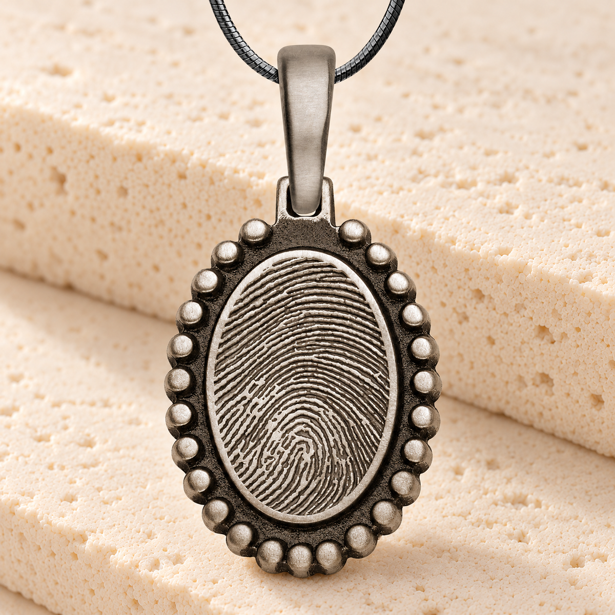 Antique Sterling Silver Beaded Oval Fingerprint Necklace — main — evr4827as