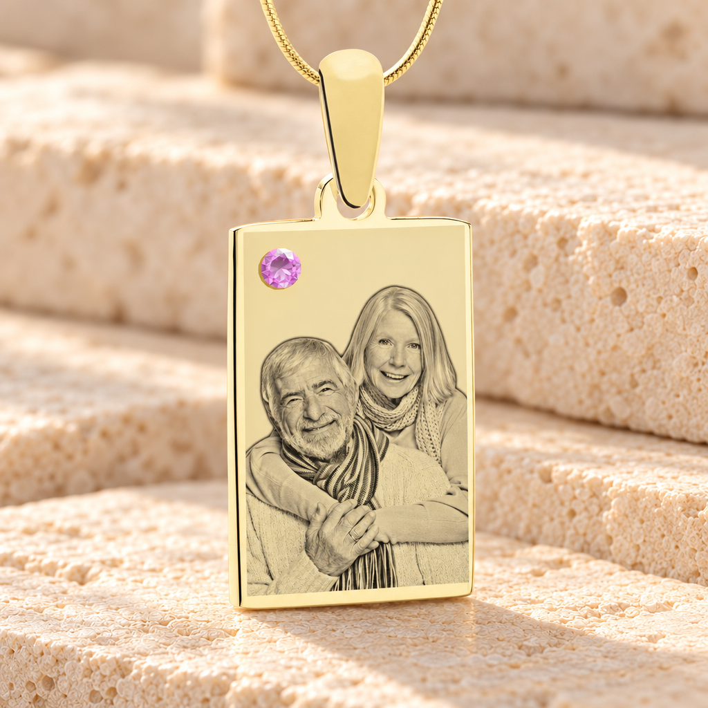Birthstone Rectangle June Photo Engraved Gold Plated over Stainless Keepsake — main product image