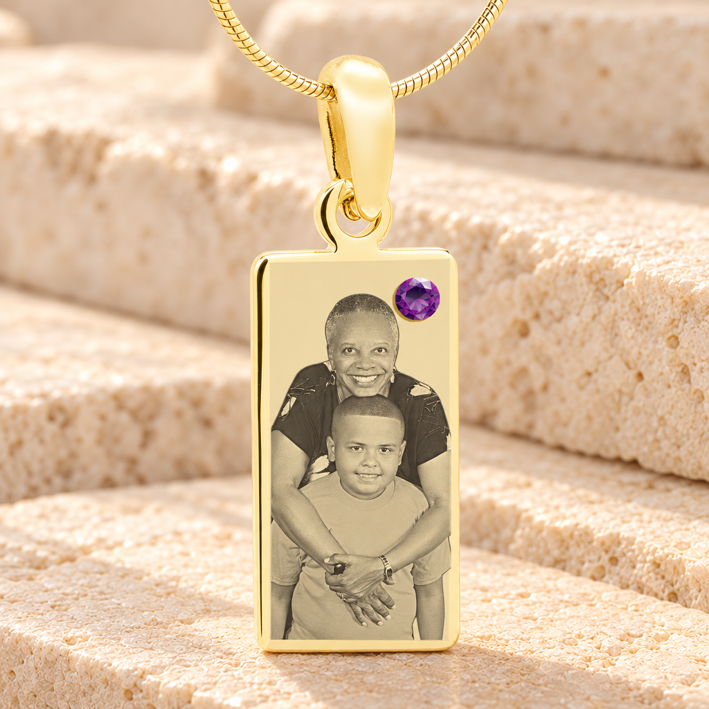 February Birthstone Gold Plated over Stainless Steel Tower Photo Pendant — main product image