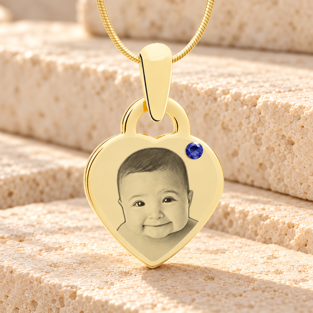 Birthstone Small Heart September Photo Engraved Gold Plated over Stainless Keepsake — main product image