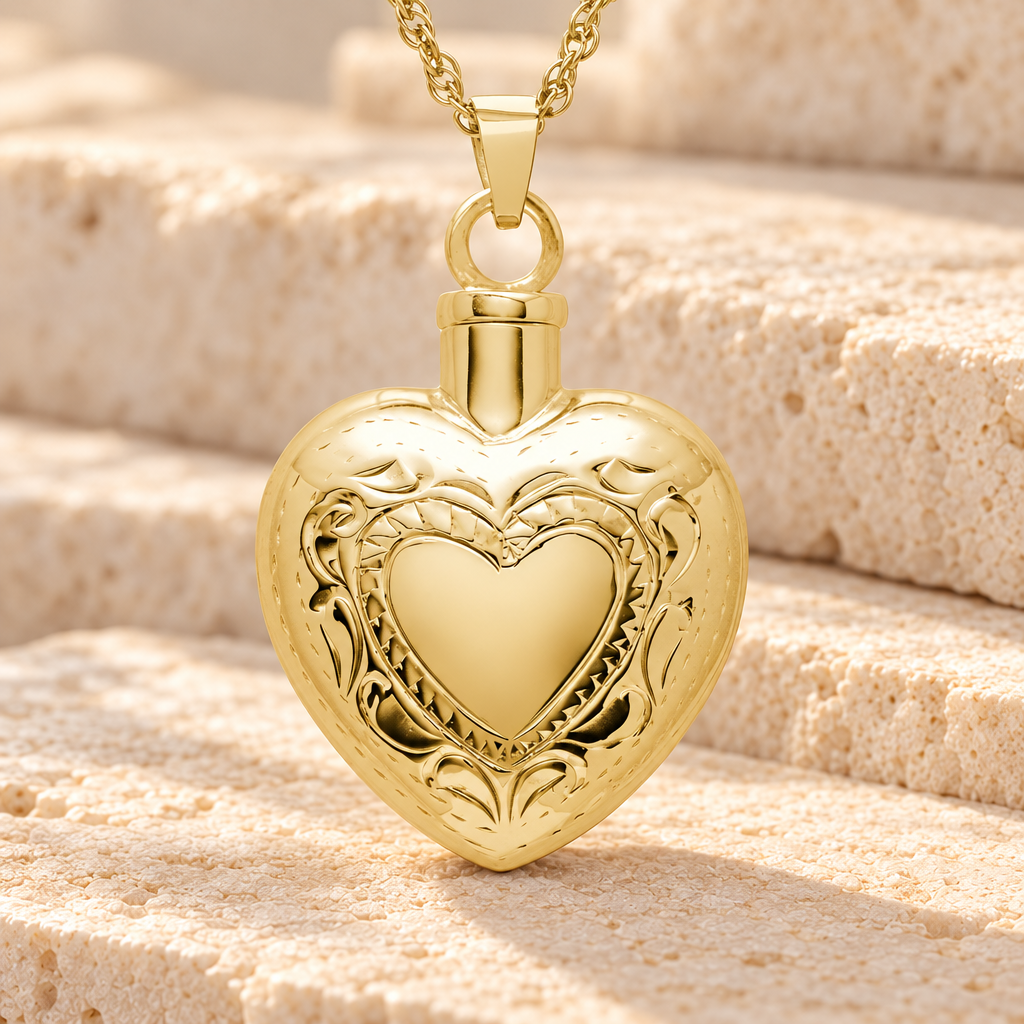 14K Gold Etched Double Heart Urn Keepsake — main — evr162g
