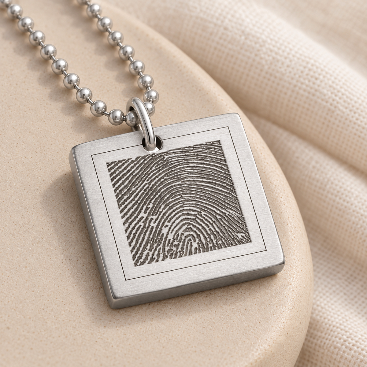 Thick Stainless Steel Brushed Square Fingerprint Necklace — alternate view — evr4890fp