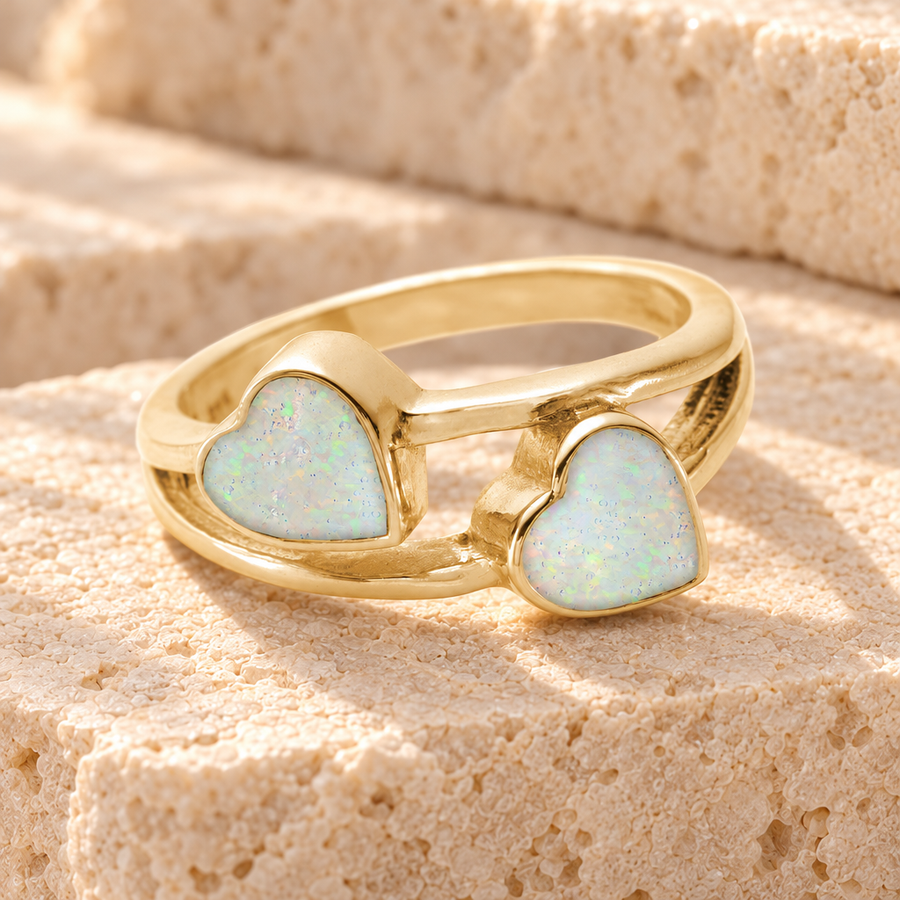 Solid 14K Gold Women's Thornley Ash Ring with Crushed Cream Opal