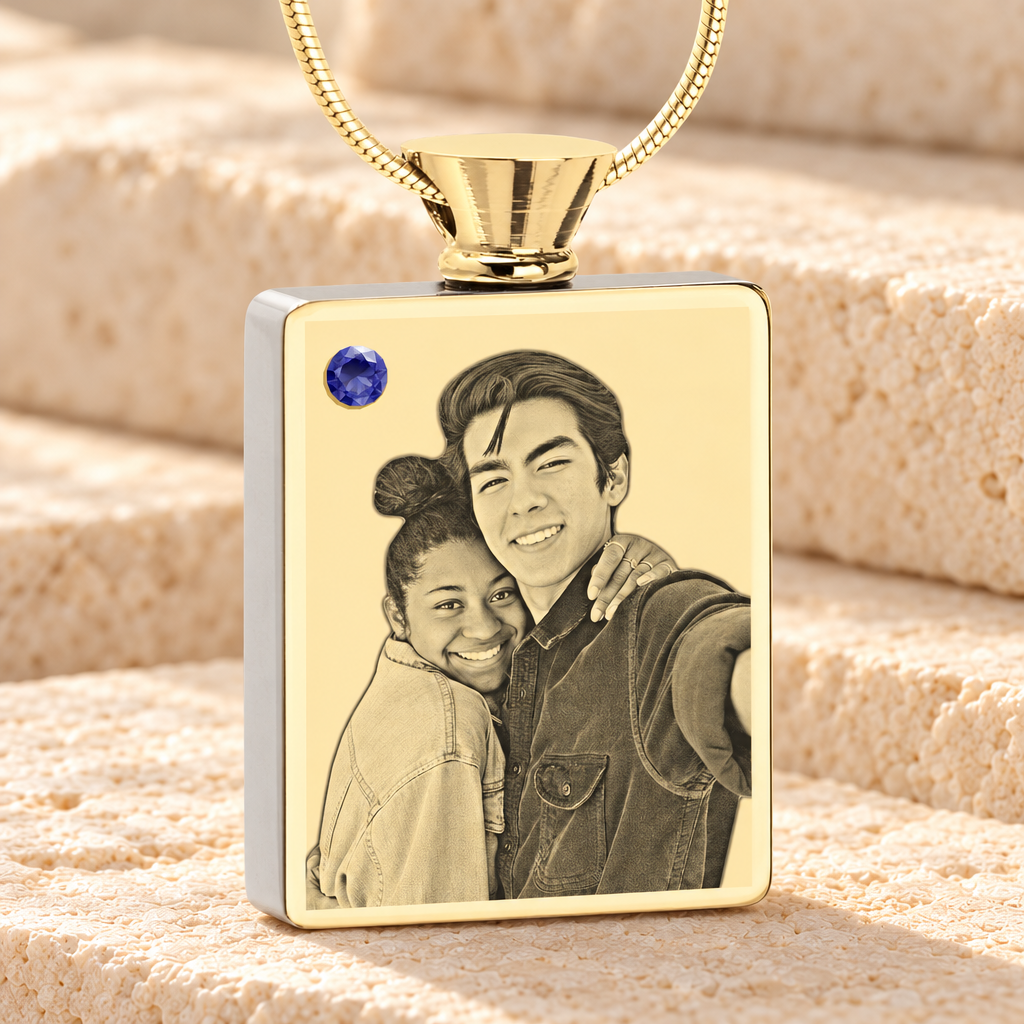 September Birthstone Rectangle Gold Plated Photo Engraved Ash Pendant — main product image