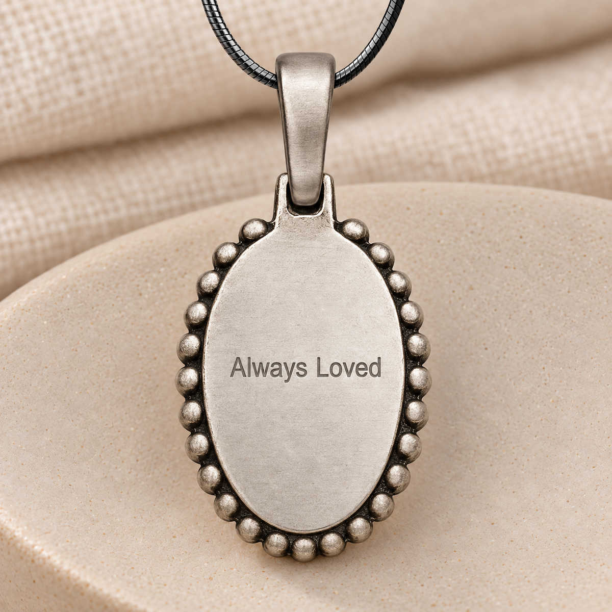 Antique Sterling Silver Beaded Oval Fingerprint Necklace — rear engraving — evr4827as
