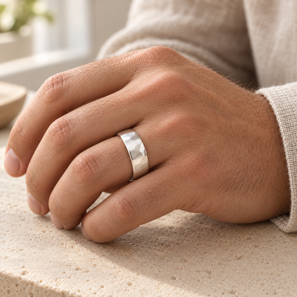 Solid 14k White Gold Shaped Men's Band with Fingerprint Ring — lifestyle — evr30007wg