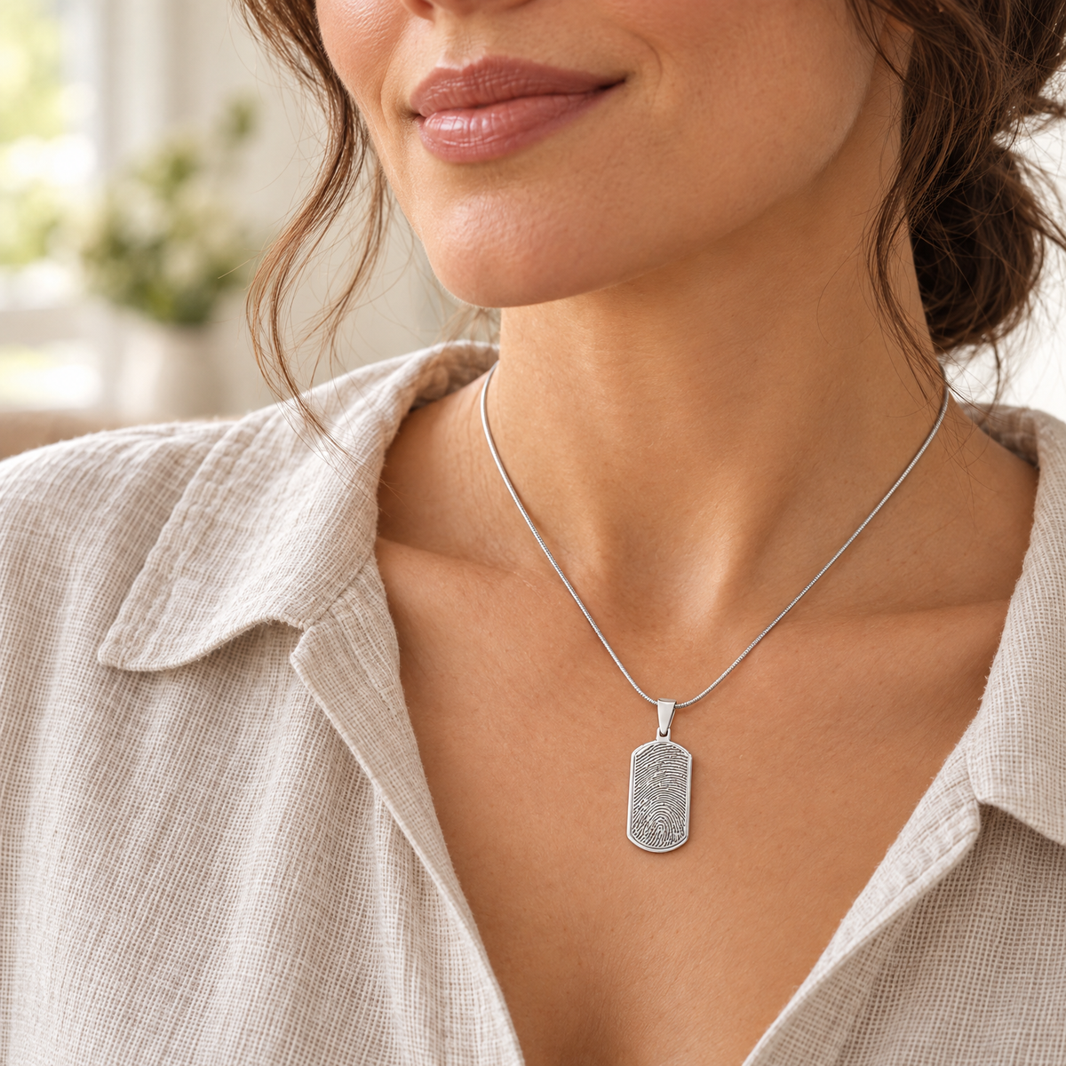 Solid 14k White Gold Dog Tag Fingerprint Necklace — lifestyle — evr4708wg