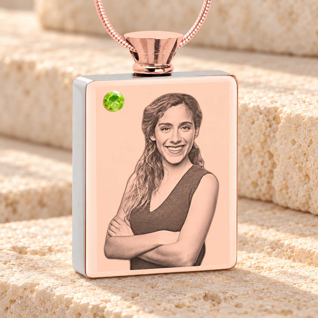 August Birthstone Rectangle Rose Gold Plated Photo Engraved Ash Pendant — main product image