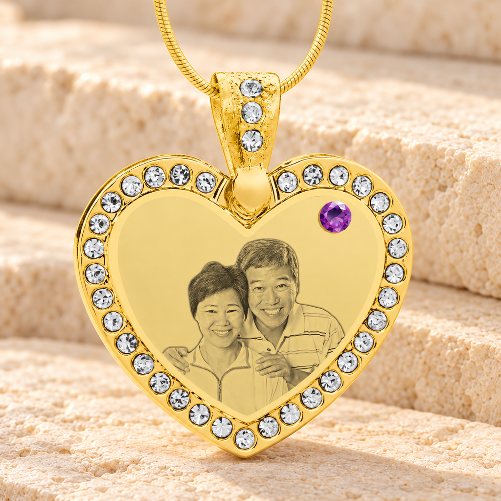 Birthstone Gem Heart February Photo Engraved Gold Plated over Stainless Keepsake — main product image