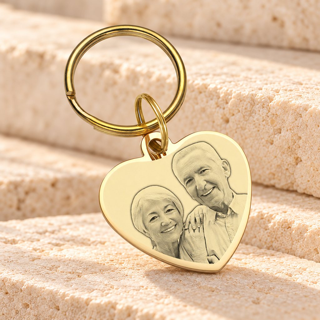 Heart Photo Engraved Keychain Gold Plated over Stainless Keepsake — main product image